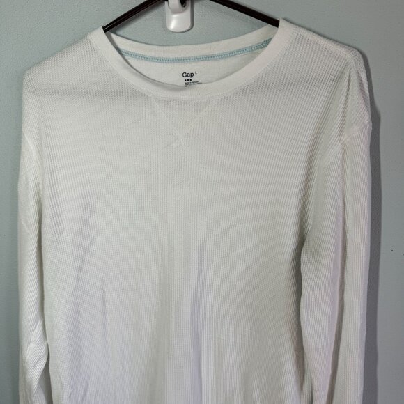 GAP Mens Waffle Knit Thermal Top Large White Long Sleeve Crewneck Layering Winte - Picture 3 of 9
